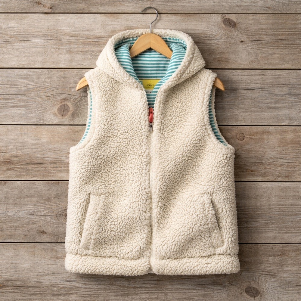 Mini Boden Kids Cream Sherpa Fleece Hooded Vest Zip Up Striped Lining 9-10Y